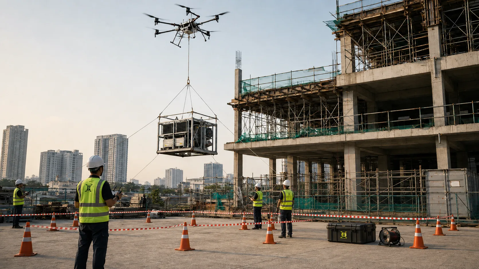 Drone SDS nâng module HVAC tại công trường xây dựng ở Việt Nam