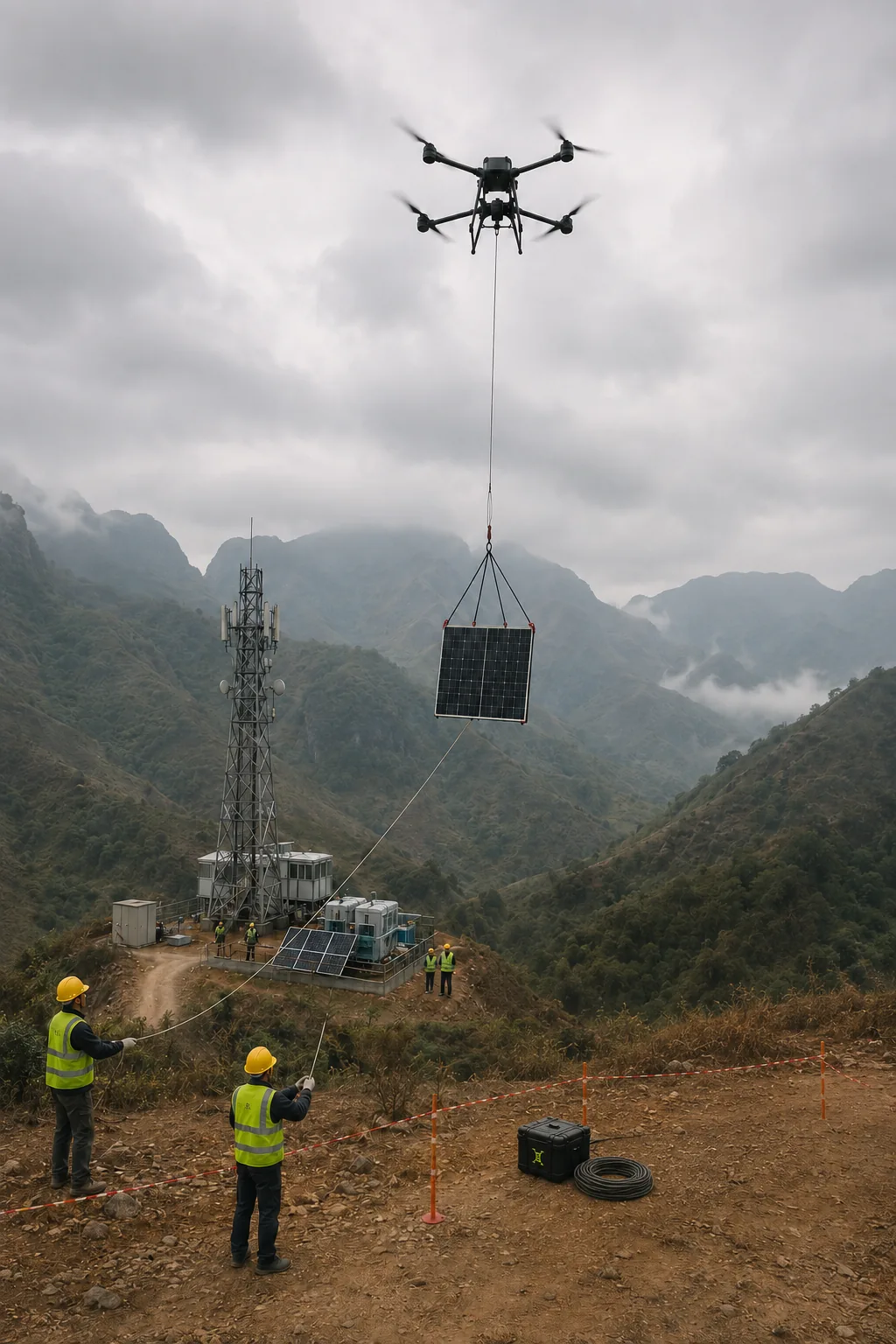 Drone SDS vận chuyển tấm pin tại công trình miền núi Việt Nam