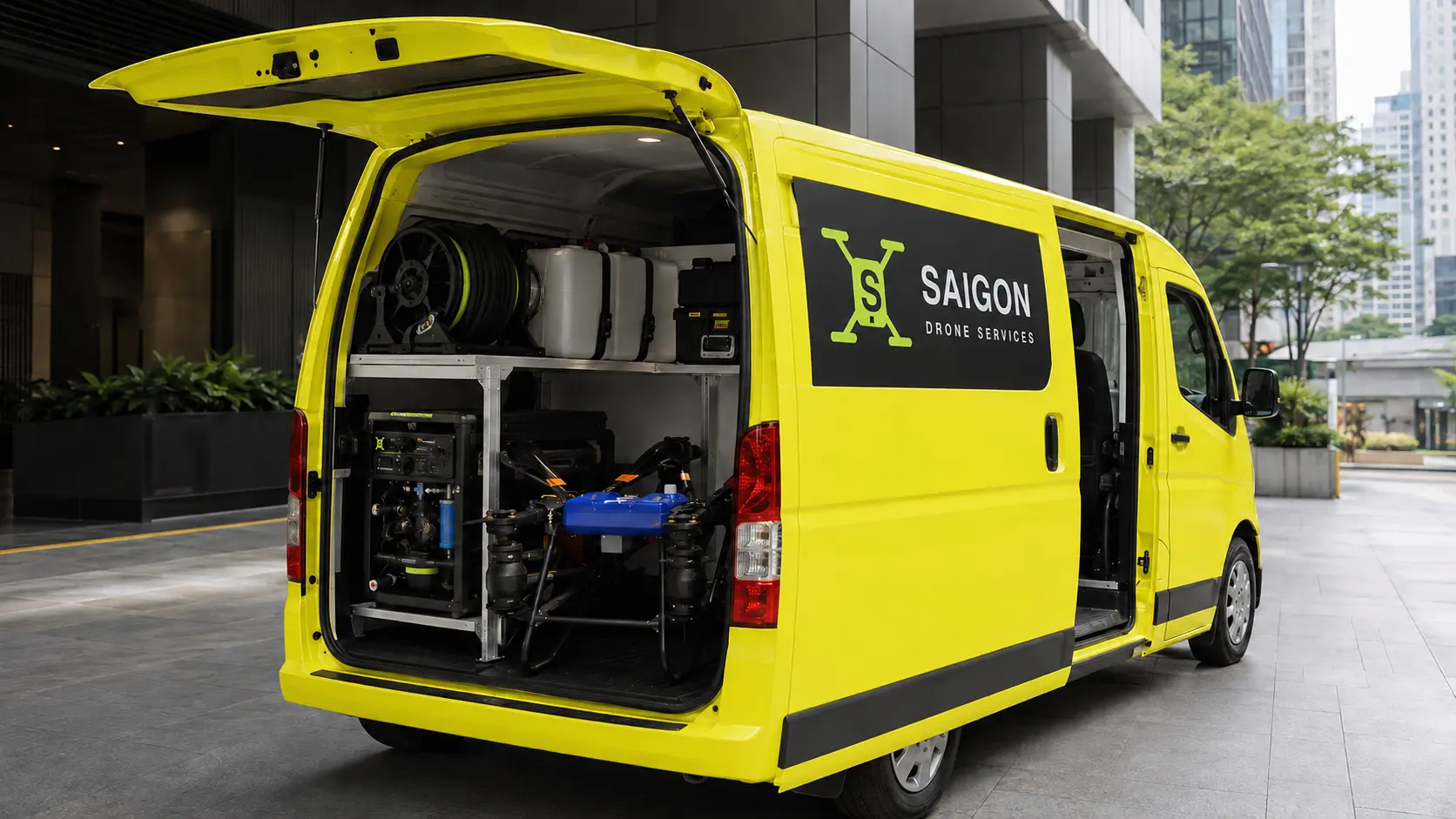 Xe vận hành lưu động Saigon Drone Services chở drone vệ sinh, bộ bơm, bồn dung dịch và dụng cụ triển khai